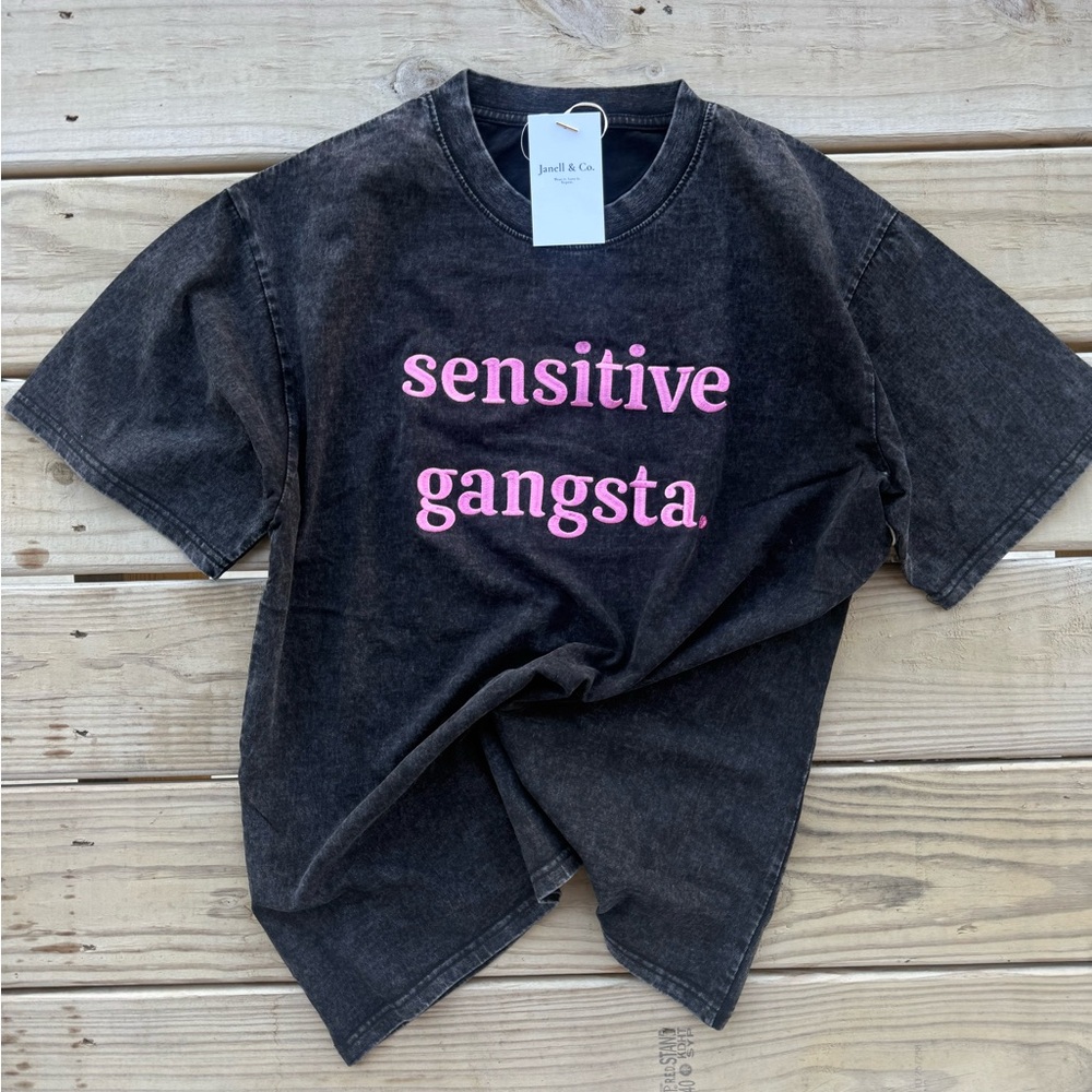 Sensitive Gangsta Vintage Wash Tee | Oversized Embroidered Shirt